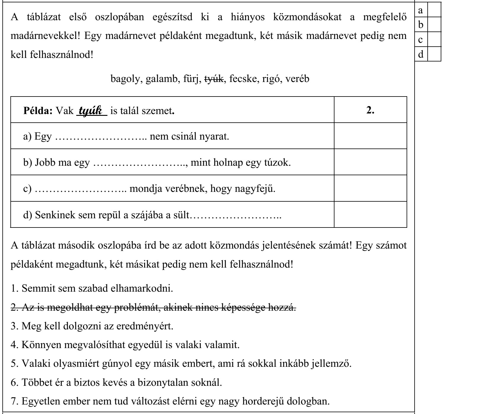 A táblázat első oszlopában egészítsd ki a hiányos közmondásokat a megfelelő madárnevekkel! Egy madárnevet példaként megadtunk, két másik madárnevet pedig nem kell felhasználnod! bagoly, galamb, fürj, tyúk, fecske, rigó, veréb Példa: Vak tyúk is talál szemet. 2. a) Egy …………………….. nem csinál nyarat. b) Jobb ma egy …………………….., mint holnap egy túzok. c) …………………….. mondja verébnek, hogy nagyfejű. d) Senkinek sem repül a szájába a sült…………………….. A táblázat második oszlopába írd be az adott közmondás jelentésének számát! Egy számot példaként megadtunk, két másikat pedig nem kell felhasználnod! 1. Semmit sem szabad elhamarkodni. 2. Az is megoldhat egy problémát, akinek nincs képessége hozzá.