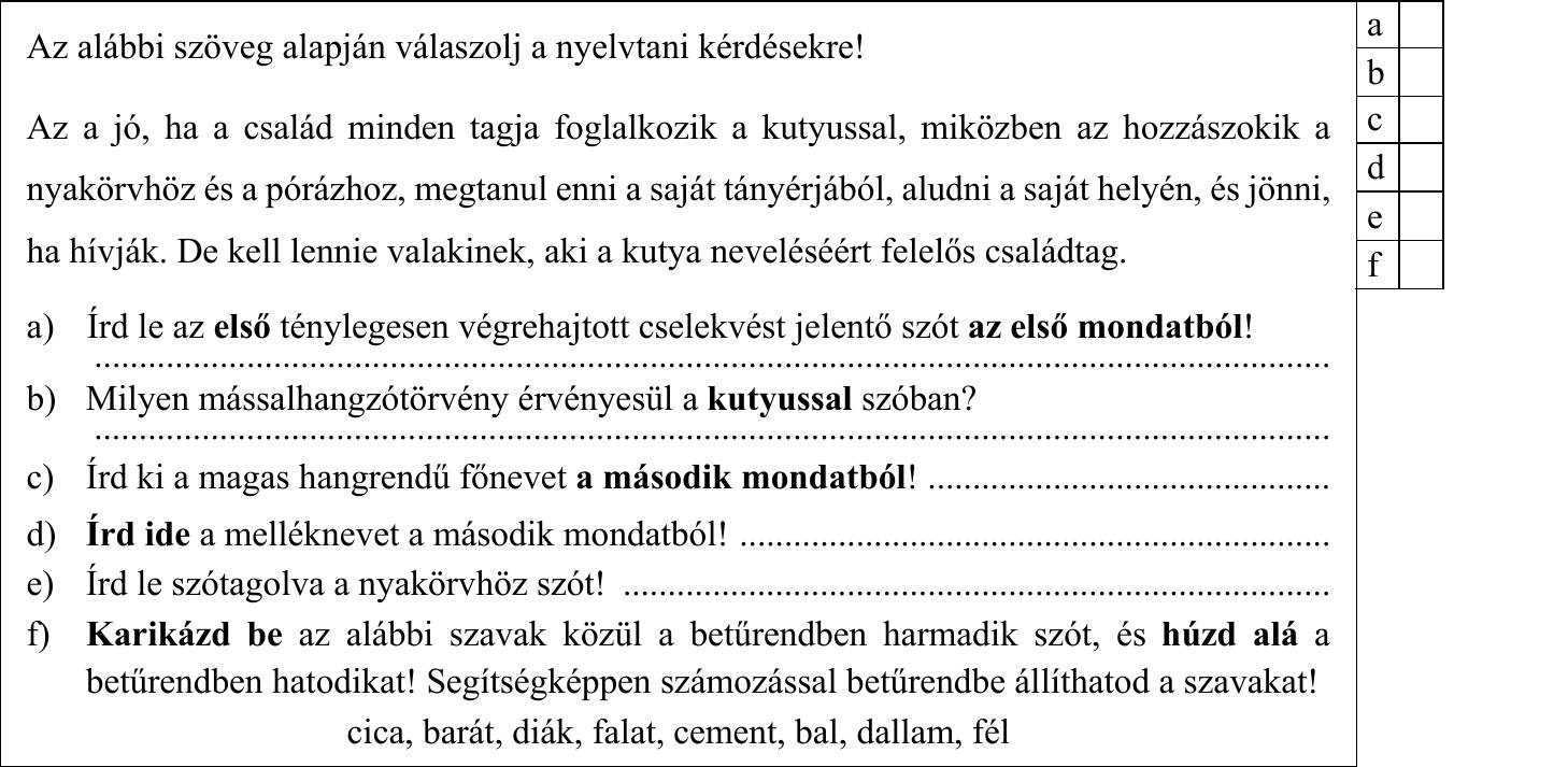 Sok kicsi sokra megy. E) Amit ma megtehetsz, ne halaszd holnapra. F) Egyik tizenkilenc, a másik egy híján húsz. 1. = …… 2. = …… 3. = …… 4. = …… 3. Húzd alá az alábbi tréfás párbeszédben azt a szót, amelynek két különböző jelentése a humor forrása! Fogalmazd meg az adott szónak a szövegben megjelenő két jelentését! – Mi a közös a matekban és az evésben? – A szám. Egyik jelentés: ........................................................................................................................ Másik jelentés: ........................................................................................................................ 4. Az alábbi szöveg alapján válaszolj a nyelvtani kérdésekre! Az a jó, ha a család minden tagja foglalkozik a kutyussal, miközben az hozzászokik a nyakörvhöz és a pórázhoz, megtanul enni a saját tányérjából, aludni a saját helyén, és jönni, ha hívják. De kell lennie valakinek, aki a kutya neveléséért felelős családtag. a) Írd le az első ténylegesen végrehajtott cselekvést jelentő szót az első mondatból! b) Milyen mássalhangzótörvény érvényesül a kutyussal szóban? c) Írd ki a magas hangrendű főnevet a második mondatból! ............................................. d) Írd ide a melléknevet a második mondatból! .................................................................. e) Írd le szótagolva a nyakörvhöz szót! ............................................................................... f) Karikázd be az alábbi szavak közül a betűrendben harmadik szót, és húzd alá a betűrendben hatodikat! Segítségképpen számozással betűrendbe állíthatod a szavakat! cica, barát, diák, falat, cement, bal, dallam, fél
