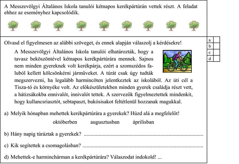 Olvasd el figyelmesen az alábbi szöveget, és ennek alapján válaszolj a kérdésekre! A Messzevölgyi Általános Iskola tanulói elhatározták, hogy a tavasz beköszöntével kétnapos kerékpártúrára mennek. Sajnos nem minden gyereknek volt kerékpárja, ezért a szomszédos fa- luból kellett kölcsönkérni járműveket. A túrát csak úgy tudták megszervezni, ha legalább harmincöten jelentkeztek az iskolából. Az úti cél a Tisza-tó és környéke volt. Az előkészületekben minden gyerek családja részt vett, a hátizsákokba ennivalót, innivalót tettek. A szervezők figyelmeztettek mindenkit, hogy kullancsriasztót, sebtapaszt, bukósisakot feltétlenül hozzanak magukkal. a) Melyik hónapban mehettek kerékpártúrára a gyerekek? Húzd alá a megfelelőt! októberben augusztusban áprilisban b) Hány napig túráztak a gyerekek? ......................................................................................... c) Kik segítettek a csomagolásban? .......................................................................................... d) Mehettek-e harminchárman a kerékpártúrára? Válaszodat indokold! 4. évfolyam – A–1 feladatlap / 3