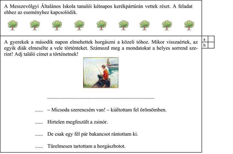 A gyerekek a második napon elmehettek horgászni a közeli tóhoz. Mikor visszaértek, az egyik diák elmesélte a vele történteket. Számozd meg a mondatokat a helyes sorrend sze- rint! Adj találó címet a történetnek! ...... – Micsoda szerencsém van! – kiáltottam fel örömömben. ...... Hirtelen megfeszült a zsinór. ...... De csak egy fél pár bakancsot rántottam ki. ...... Türelmesen tartottam a horgászbotot. 4. évfolyam – A–1 feladatlap / 5