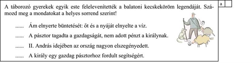 A táborozó gyerekek egyik este felelevenítették a balatoni kecskeköröm legendáját. Szá- mozd meg a mondatokat a helyes sorrend szerint! ...... Ám elnyerte büntetését: őt és a nyáját elnyelte a víz. ...... A pásztor tagadta a gazdagságát, nem adott pénzt a királynak. ...... II. András idejében az ország nagyon elszegényedett. ...... A király egy gazdag pásztorhoz fordult segítségért. 4. évfolyam – A–2 feladatlap / 5