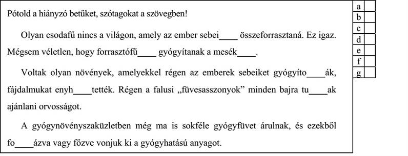 Pótold a hiányzó betűket, szótagokat a szövegben! Olyan csodafű nincs a világon, amely az ember sebei____ összeforrasztaná. Ez igaz. Mégsem véletlen, hogy forrasztófű____ gyógyítanak a mesék____. Voltak olyan növények, amelyekkel régen az emberek sebeiket gyógyíto____ák, fájdalmukat enyh____tették. Régen a falusi „füvesasszonyok” minden bajra tu____ak ajánlani orvosságot. A gyógynövényszaküzletben még ma is sokféle gyógyfüvet árulnak, és ezekből fo____ázva vagy főzve vonjuk ki a gyógyhatású anyagot. 4. évfolyam — A–1 feladatlap / 5