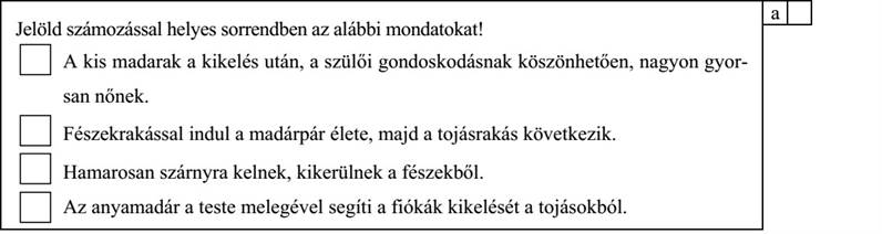 Jelöld számozással helyes sorrendben az alábbi mondatokat! A kis madarak a kikelés után, a szülői gondoskodásnak köszönhetően, nagyon gyor- san nőnek. Fészekrakással indul a madárpár élete, majd a tojásrakás következik. Hamarosan szárnyra kelnek, kikerülnek a fészekből. Az anyamadár a teste melegével segíti a fiókák kikelését a tojásokból.
