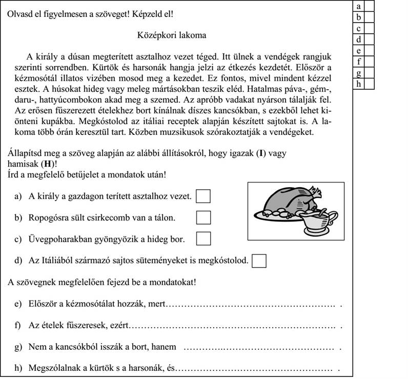 Olvasd el figyelmesen a szöveget! Képzeld el! Középkori lakoma A király a dúsan megterített asztalhoz vezet téged. Itt ülnek a vendégek rangjuk szerinti sorrendben. Kürtök és harsonák hangja jelzi az étkezés kezdetét. Először a kézmosótál illatos vizében mosod meg a kezedet. Ez fontos, mivel mindent kézzel esztek. A húsokat hideg vagy meleg mártásokban teszik eléd. Hatalmas páva-, gém-, daru-, hattyúcombokon akad meg a szemed. Az apróbb vadakat nyárson tálalják fel. Az erősen fűszerezett ételekhez bort kínálnak díszes kancsókban, s ezekből lehet ki- önteni kupákba. Megkóstolod az itáliai receptek alapján készített sajtokat is. A la- koma több órán keresztül tart. Közben muzsikusok szórakoztatják a vendégeket. Állapítsd meg a szöveg alapján az alábbi állításokról, hogy igazak (I) vagy hamisak (H)! Írd a megfelelő betűjelet a mondatok után! a) A király a gazdagon terített asztalhoz vezet. b) Ropogósra sült csirkecomb van a tálon. c) Üvegpoharakban gyöngyözik a hideg bor. d) Az Itáliából származó sajtos süteményeket is megkóstolod. A szövegnek megfelelően fejezd be a mondatokat! e) Először a kézmosótálat hozzák, mert………………………………………………. . f) Az ételek fűszeresek, ezért…………………………………………………………. . g) Nem a kancsókból isszák a bort, hanem ………….……………………………… . h) Megszólalnak a kürtök s a harsonák, és…………………………………………… . 4. évfolyam — A–1 feladatlap / 6