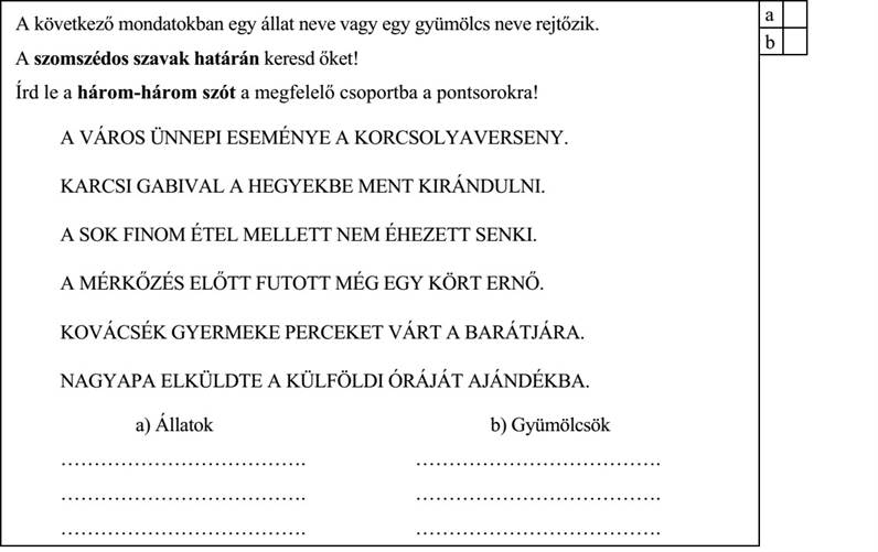 A következő mondatokban egy állat neve vagy egy gyümölcs neve rejtőzik. A szomszédos szavak határán keresd őket! Írd le a három-három szót a megfelelő csoportba a pontsorokra! A VÁROS ÜNNEPI ESEMÉNYE A KORCSOLYAVERSENY. KARCSI GABIVAL A HEGYEKBE MENT KIRÁNDULNI. A SOK FINOM ÉTEL MELLETT NEM ÉHEZETT SENKI. A MÉRKŐZÉS ELŐTT FUTOTT MÉG EGY KÖRT ERNŐ. KOVÁCSÉK GYERMEKE PERCEKET VÁRT A BARÁTJÁRA. NAGYAPA ELKÜLDTE A KÜLFÖLDI ÓRÁJÁT AJÁNDÉKBA. a) Állatok b) Gyümölcsök ………………………………. ………………………………. ………………………………. ………………………………. ………………………………. ……………………………….