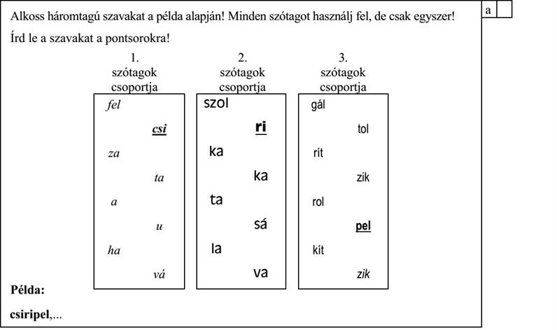 mondat: ............................................................................................................................... 4. évfolyam — AMNy2 feladatlap / 4 4. Alkoss háromtagú szavakat a példa alapján! Minden szótagot használj fel, de csak egyszer! Írd le a szavakat a pontsorokra! 1. 2. 3. szótagok szótagok szótagok csoportja csoportja csoportja fel szol gál csi ri tol za ka rít ta ka zik a ta rol u sá pel ha la kít vá va zik Példa: csiripel,...................................................................................................................................