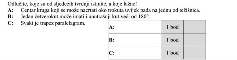 Döntse el, hogy a következő állítások közül melyik igaz és melyik hamis! A: A háromszög köré írható kör középpontja mindig valamelyik súlyvonalra esik. B: Egy négyszögnek lehet 180°-nál nagyobb belső szöge is. C: Minden trapéz paralelogramma