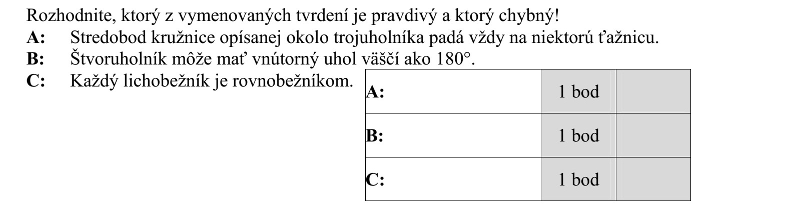 Döntse el, hogy a következő állítások közül melyik igaz és melyik hamis! A: A háromszög köré írható kör középpontja mindig valamelyik súlyvonalra esik. B: Egy négyszögnek lehet 180°-nál nagyobb belső szöge is. C: Minden trapéz paralelogramma