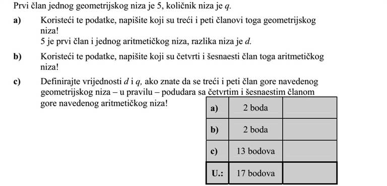 Egy mértani sorozat első tagja 5, a sorozat hányadosa q. a) Írja fel ezek felhasználásával ennek a mértani sorozatnak a harmadik és az ötödik tagját! Egy számtani sorozatnak is 5 az első tagja, a sorozat különbsége d. b) Írja fel ezek felhasználásával ennek a számtani sorozatnak a negyedik és a tizenhatodik tagját! c) Határozza meg d és q értékét, ha tudja, hogy a fenti mértani sorozat harmadik és ötödik tagja rendre megegyezik a fenti számtani sorozat negyedik és tizenhatodik tagjával!