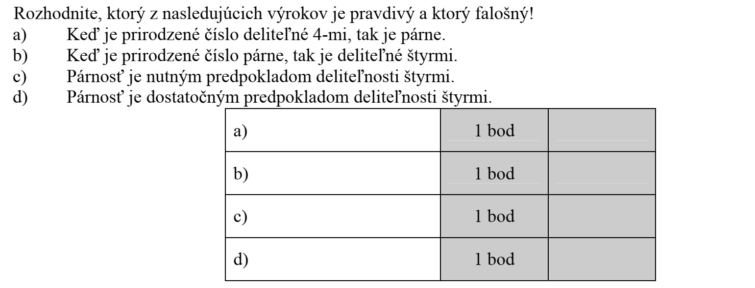 Döntse el, hogy az alábbi állítások közül melyik igaz, melyik hamis! a) Ha egy természetes szám 4-gyel osztható, akkor páros. b) Ha egy természetes szám páros, akkor osztható 4-gyel. c) A párosság a néggyel oszthatóság szükséges feltétele. d) A párosság a néggyel oszthatóság elégséges feltétele.
