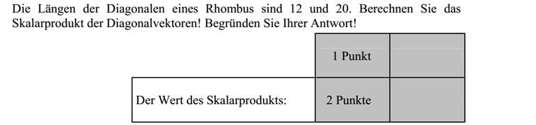 Egy rombusz átlóinak hossza 12 és 20. Számítsa ki az átlóvektorok skalárszorzatát! Válaszát indokolja!