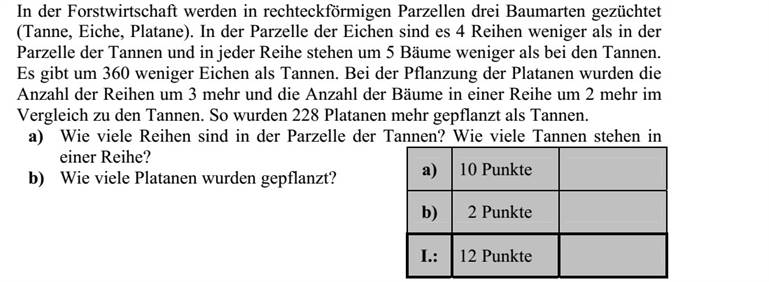 Az erdőgazdaságban háromféle fát nevelnek (fenyő, tölgy, platán) három téglalap elrendezésű parcellában. A tölgyfák parcellájában 4-gyel kevesebb sor van, mint a fenyőfákéban, és minden sorban 5-tel kevesebb fa van, mint ahány fa a fenyő parcella egy sorában áll. 360-nal kevesebb tölgyfa van, mint fenyőfa. A platánok telepítésekor a fenyőkéhez viszonyítva a sorok számát 3-mal, az egy sorban lévő fák számát 2-vel növelték. Így 228-cal több platánfát telepítettek, mint fenyőt. a) Hány sor van a fenyők parcellájában? Hány fenyőfa van egy sorban? b) Hány platánfát telepítettek?