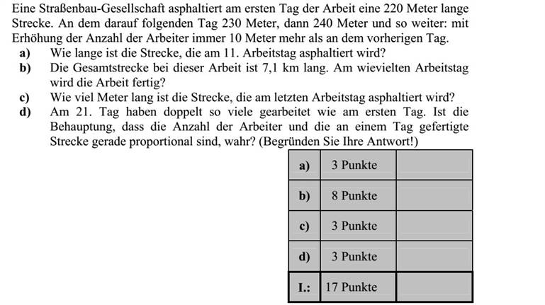 Egy útépítő vállalkozás egy munka elkezdésekor az első napon 220 méternyi utat aszfaltoz le. A rákövetkező napon 230 métert, az azutánin 240 métert és így tovább: a munkások létszámát naponta növelve minden következő munkanapon 10 méterrel többet, mint az azt megelőző napon. a) Hány méter utat aszfaltoznak le a 11-edik munkanapon? b) Az összes aszfaltozandó út hossza ebben a munkában 7,1 km. Hányadik munkanapon készülnek el vele? c) Hány méter utat aszfaltoznak le az utolsó munkanapon? d) A 21-edik napon kétszer annyian dolgoztak, mint az első napon. Igaz-e az a feltételezés, hogy a naponta elkészült út hossza egyenesen arányos a munkások létszámával? (Válaszát indokolja!)