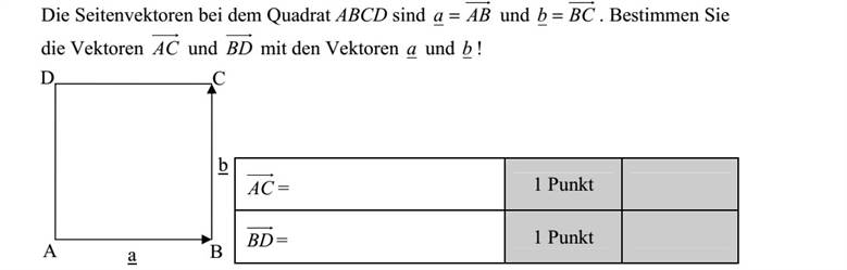 Az ABCD négyzet oldalvektorai közül a = AB és b = BC . Adja meg az AC és BD vektorokat a és b vektorral kifejezve!