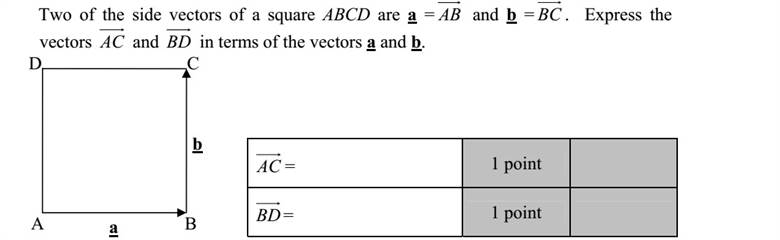 Az ABCD négyzet oldalvektorai közül a = AB és b = BC . Adja meg az AC és BD vektorokat a és b vektorral kifejezve!