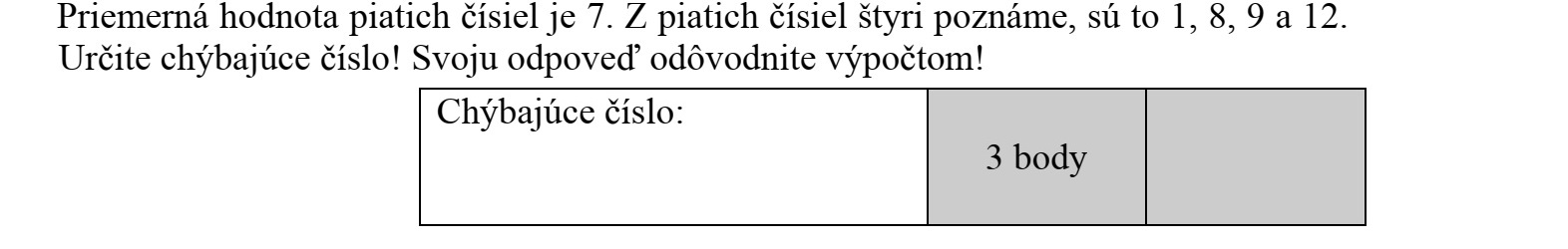 Öt szám átlaga 7 . Az öt szám közül négyet ismerünk, ezek az 1, a 8, a 9 és a 12. Határozza meg a hiányzó számot! Válaszát számítással indokolja!