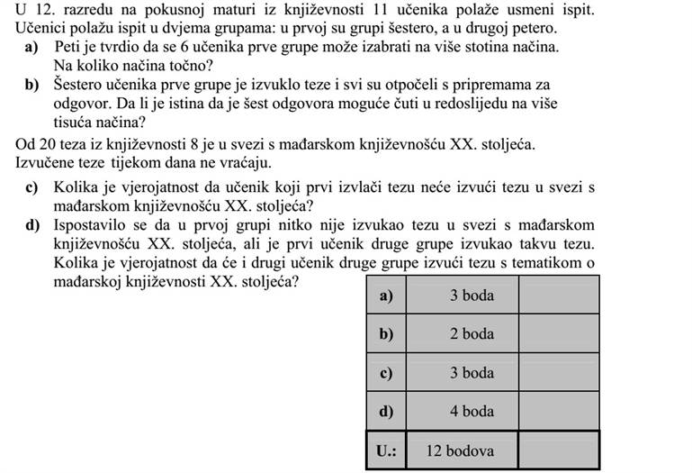 A 12. a osztályban az irodalom próbaérettségin 11 tanuló szóbelizik. A tanulók két csoportban vizsgáznak, az első csoportba hatan, a másodikba öten kerülnek. a) Peti azt állította, hogy az első csoportba kerülő 6 tanulót többszáz-féleképpen lehet kiválasztani. Pontosan hányféleképpen? b) Az első csoportba került hat tanuló tételt húzott, és valamennyien elkezdték a felkészülést. Igaz-e, hogy több mint ezerféle sorrendben hangozhat el a hat felelet? A 20 irodalom tételből nyolc a XX. századi magyar irodalomról szól. A kihúzott tételeket a nap folyamán nem teszik vissza. c) Mekkora a valószínűsége, hogy az elsőként tételt húzó diák nem a XX. századi magyar irodalomról szóló tételt húz? d) Kiderült, hogy az első csoportban senki sem húzott XX. századi magyar irodalom tételt, viszont a második csoportban elsőként húzó diák ilyen tételt húzott. Mekkora a valószínűsége, hogy az utóbbi a csoportban másodikként húzó diák is XX. századi magyar irodalom témájú tételt húz?