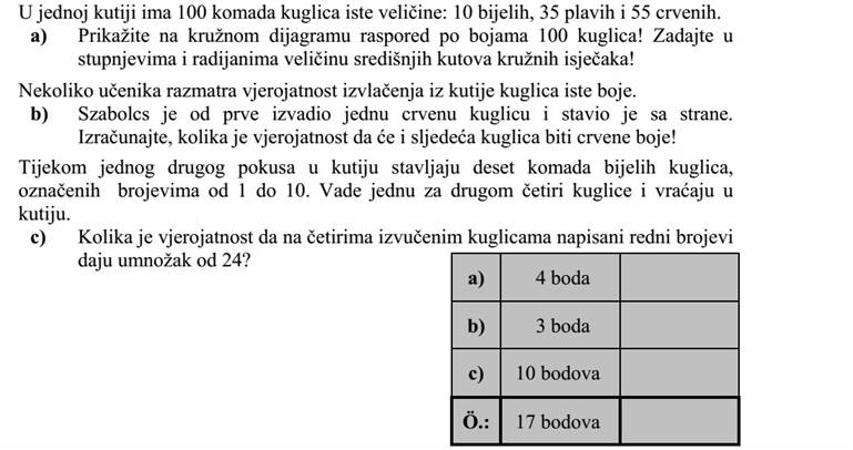Egy dobozban 100 darab azonos méretű golyó van: 10 fehér, 35 kék és 55 piros színű. a) Ábrázolja kördiagramon a 100 golyó színek szerinti eloszlását! Adja meg fokban és radiánban a körcikkek középponti szögének nagyságát! Néhány diák két azonos színű golyó húzásának valószínűségét vizsgálja. b) Szabolcs elsőre piros golyót húzott és félretette. Számítsa ki, mennyi a valószínűsége annak, hogy a következő kihúzott golyó is piros! Egy másik kísérletben tíz darab 1-től 10-ig megszámozott fehér golyót tesznek a dobozba. Négy golyót húznak egymás után visszatevéssel. c) Mennyi annak a valószínűsége, hogy a négy kihúzott golyóra írt szám szorzata 24?