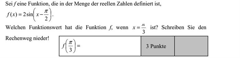 Legyen f a valós számok halmazán értelmezett függvény,       = 2 sin2)(  xxf . Mennyi az f függvény helyettesítési értéke, ha 3  =x ? Írja le a számolás menetét!