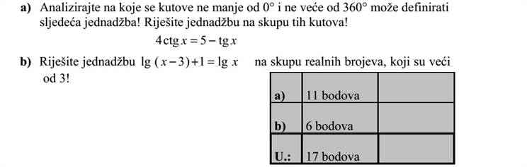 a) Vizsgálja meg, hogy a 0°-nál nem kisebb és 360°-nál nem nagyobb szögek közül melyekre értelmezhető a következő egyenlet! Oldja meg az egyenletet ezen szögek halmazán! xx tg5ctg4 = b) Oldja meg a 3-nál nagyobb valós számok halmazán a xx lg1)3(lg =+ egyenletet!