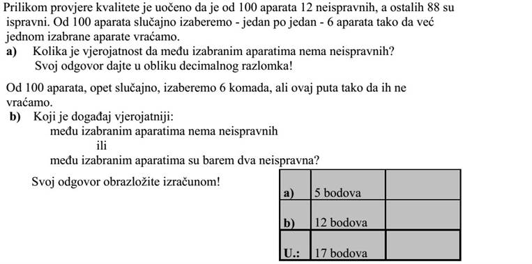 Minőségellenőrzéskor kiderült, hogy 100 készülék között 12 hibás van, a többi 88 jó. A 100 készülékből véletlenszerűen, egyesével kiválasztunk 6-ot úgy, hogy a kiválasztott készülékeket rendre visszatesszük. a) Mekkora annak a valószínűsége, hogy nincs a kiválasztott készülékek között hibás? Válaszát tizedes tört alakban adja meg! A 100 készülék közül ismét véletlenszerűen, de ezúttal visszatevés nélkül választunk ki 6 darabot. b) Melyik esemény bekövetkezésének nagyobb a valószínűsége: A kiválasztott készülékek között nincs hibás, vagy közöttük legalább két hibás készülék van? Válaszát számítással indokolja!