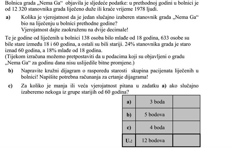 Nekeresd város kórháza az alábbi adatokat hozta nyilvánosságra: a Nekeresden lakó 12 320 emberből az előző évben 1978 embert ápoltak hosszabb-rövidebb ideig a város kórházában. a) Mekkora az esélye, hogy egy véletlenül kiválasztott nekeresdi lakost az előző évben a város kórházában ápoltak? Két tizedesjegyre kerekítve adja meg a valószínűséget! Abban az évben a kórházban ápoltak közül 138 fő volt 18 év alatti, 633 fő 18 és 60 év közötti, a többi idősebb. A város lakosságának 24%-a 60 év feletti, 18%-a 18 év alatti. (A számítások során feltehetjük, hogy Nekeresden az ismertetett adatokban lényeges változás egy év alatt nem történt.) b) Készítsen kördiagramot a kórházban ápoltak korosztály szerinti megoszlásáról! A diagram elkészítéséhez szükséges számításokat írja le! c) Mennyivel kisebb vagy nagyobb az a)-ban kérdezett esély, ha a 60 év felettiek közül választunk ki valakit véletlenszerűen?
