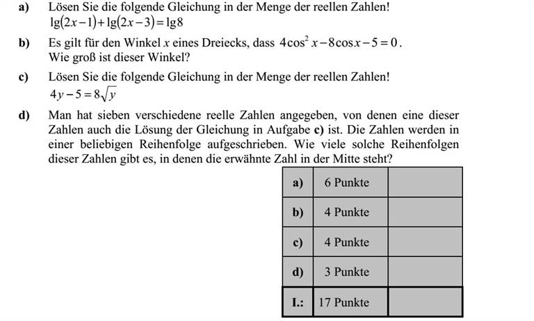 a) Oldja meg a valós számok halmazán a következő egyenletet! ( ) ( ) 8lg32lg12lg =+ xx b) Egy háromszög x szögére igaz, hogy 05cos8cos4 2 = xx . Mekkora ez a szög? c) Oldja meg a valós számok halmazán a következő egyenletet! yy 854 = d) Megadtunk hét olyan különböző valós számot, amelyek közül az egyik a c) kérdésben szereplő egyenletnek is megoldása. A számokat felírjuk valamilyen sorrendben. Hány olyan sorrendje van a megadott számoknak, amelyben az em- lített szám a középső?