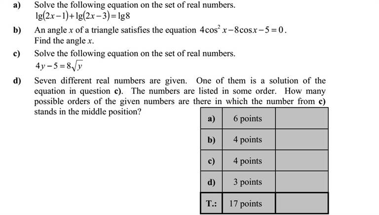 a) Oldja meg a valós számok halmazán a következő egyenletet! ( ) ( ) 8lg32lg12lg =+ xx b) Egy háromszög x szögére igaz, hogy 05cos8cos4 2 = xx . Mekkora ez a szög? c) Oldja meg a valós számok halmazán a következő egyenletet! yy 854 = d) Megadtunk hét olyan különböző valós számot, amelyek közül az egyik a c) kérdésben szereplő egyenletnek is megoldása. A számokat felírjuk valamilyen sorrendben. Hány olyan sorrendje van a megadott számoknak, amelyben az em- lített szám a középső?