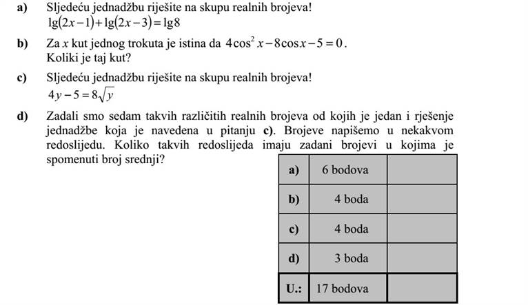 a) Oldja meg a valós számok halmazán a következő egyenletet! ( ) ( ) 8lg32lg12lg =+ xx b) Egy háromszög x szögére igaz, hogy 05cos8cos4 2 = xx . Mekkora ez a szög? c) Oldja meg a valós számok halmazán a következő egyenletet! yy 854 = d) Megadtunk hét olyan különböző valós számot, amelyek közül az egyik a c) kérdésben szereplő egyenletnek is megoldása. A számokat felírjuk valamilyen sorrendben. Hány olyan sorrendje van a megadott számoknak, amelyben az em- lített szám a középső?