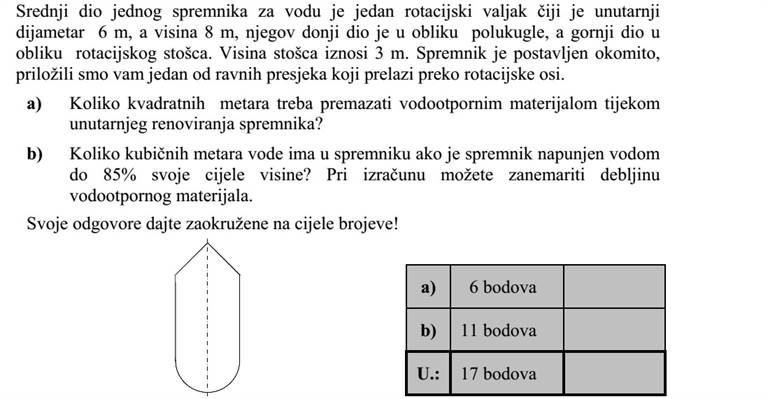 Egy víztároló középső része egy 6 m belső átmérőjű, 8 m magasságú forgáshenger, alsó része félgömb, felső része forgáskúp alakú. A kúp magassága 3 m. A tartály függőlegesen áll, mellékeljük a forgástengelyén átmenő egyik síkmetszetét. a) Hány négyzetmétert kell vízálló anyaggal bevonni a tartály teljes belső felületének felújításakor? b) Hány köbméter víz van a tartályban, ha a teljes magasságának 85%-áig van feltöltve? A vízálló réteg vastagságát számítása során elhanyagolhatja. A válaszokat egészre kerekítve adja meg!