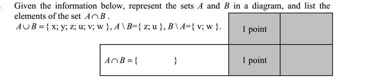Két halmazról, A-ról és B-ről tudjuk, hogy = BA { x  y  z  u  v  w }, A  B={ z  u }, B  A={ v  w }. Készítsen halmazábrát, és adja meg elemeinek felsorolásával az BA  halmazt!
