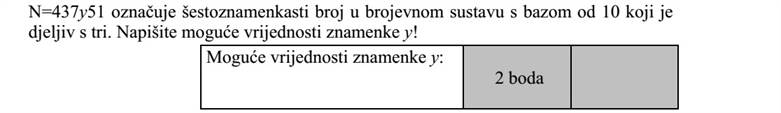 Az N=437y51 hárommal osztható hatjegyű számot jelöl a tízes számrendszerben. Adja meg az y számjegy lehetséges értékeit!