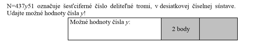 Az N=437y51 hárommal osztható hatjegyű számot jelöl a tízes számrendszerben. Adja meg az y számjegy lehetséges értékeit!