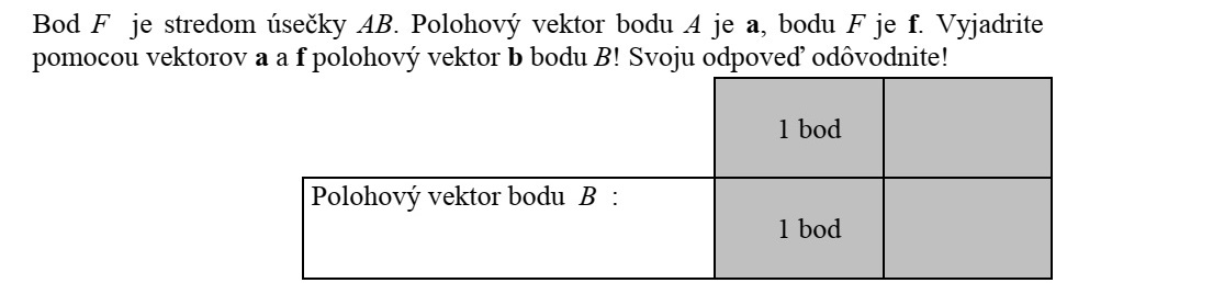 Az AB szakasz felezőpontjaF. Az A pont helyvektoraa, az F ponté f. Fejezze ki aés f vektorokkal a B pont b helyvektorát! Válaszát indokolja!