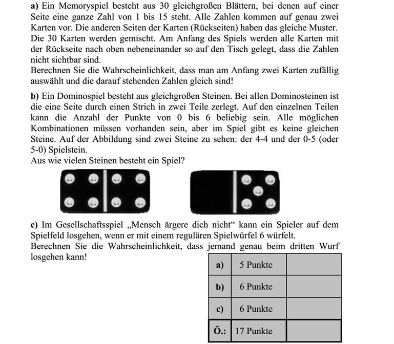 a) Egy memóriajáték 30 olyan egyforma méretű lapból áll, melyek egyik oldalán egy- egy egész szám áll az 1, 2, 3, ... 14, 15 számok közül. Mindegyik szám pontosan két lapon szerepel. A lapok másik oldala (a hátoldala) teljesen azonos mintázatú. A 30 lapot összekeverjük. A játék kezdetén a lapokat az asztalra helyezzük egymás mellé, hátoldalukkal felfelé fordítva, így a számok nem látszanak. Számítsa ki annak a valószínűségét, hogy a játék kezdetén két lapot véletlenszerű- en kiválasztva a lapokon álló számok megegyeznek! b) Egy dominókészlet azonos méretű kövekből áll. Minden dominókő egyik oldala egy vonallal két részre van osztva. Az egyes részeken elhelyezett pöttyök száma 0-tól 6-ig bármi lehet. Minden lehetséges párosításnak léteznie kell, de két egy- forma kő nem lehet egy készletben. Az ábrán két kő látható: a 4-4-es és a 0-5-ös (vagy 5-0-ás). Hány kőből áll egy dominókészlet? c) A Ki nevet a végén? nevű társasjátékban egy játékos akkor indulhat el a pályán, amikor egy szabályos dobókockával 6-ost dob. Számítsa ki annak a valószínűségét, hogy valaki pontosan a harmadik dobására indulhat el a pályán!