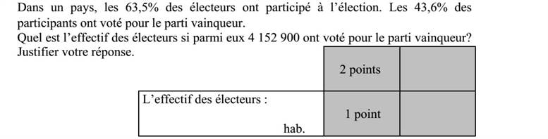Egy országban egy választáson a szavazókorú népesség 63,5%-a vett részt. A győztes pártra a résztvevők 43,6%-a szavazott. Hány fős a szavazókorú népesség, ha a győztes pártra 4 152 900 fő szavazott? Válaszát indokolja!