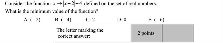 Adott a valós számok halmazán értelmezett 42 xx  függvény. Mennyi a függvény minimumának értéke? A: (- 2) B: (- 4) C: 2 D: 0 E: (- 6) A helyes válasz betűjele: