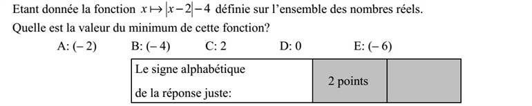 Adott a valós számok halmazán értelmezett 42 xx  függvény. Mennyi a függvény minimumának értéke? A: (- 2) B: (- 4) C: 2 D: 0 E: (- 6) A helyes válasz betűjele: