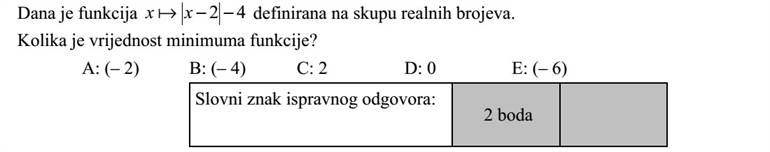 Adott a valós számok halmazán értelmezett 42 xx  függvény. Mennyi a függvény minimumának értéke? A: (- 2) B: (- 4) C: 2 D: 0 E: (- 6) A helyes válasz betűjele: