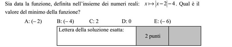 Adott a valós számok halmazán értelmezett 42 xx  függvény. Mennyi a függvény minimumának értéke? A: (- 2) B: (- 4) C: 2 D: 0 E: (- 6) A helyes válasz betűjele: