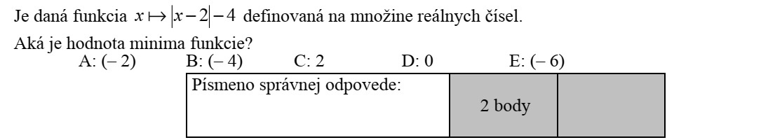 Adott a valós számok halmazán értelmezett 42 xx  függvény. Mennyi a függvény minimumának értéke? A: (- 2) B: (- 4) C: 2 D: 0 E: (- 6) A helyes válasz betűjele: