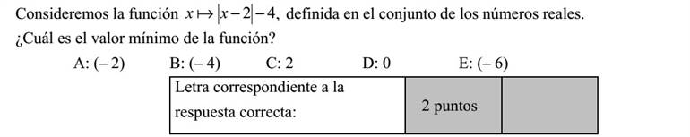 Adott a valós számok halmazán értelmezett 42 xx  függvény. Mennyi a függvény minimumának értéke? A: (- 2) B: (- 4) C: 2 D: 0 E: (- 6) A helyes válasz betűjele: