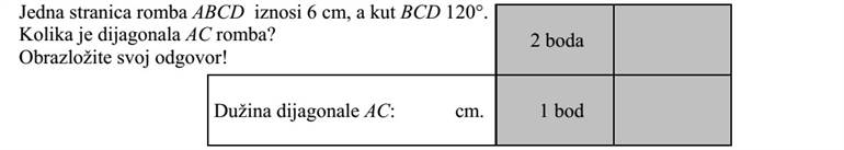 Az ABCD rombusz egy oldala 6 cm hosszú, a BCD szög 120º. Mekkora a rombusz AC átlója? Válaszát indokolja!