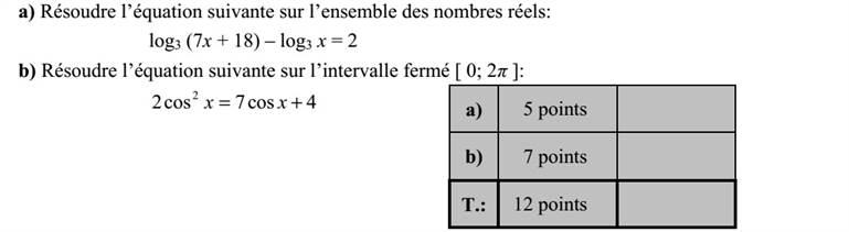a) Oldja meg a következő egyenletet a valós számok halmazán: ( ) 2log187log 33 =+ xx b) Oldja meg a következő egyenletet a [ ] 2 0 zárt intervallumon: 4cos7cos2 2 += x