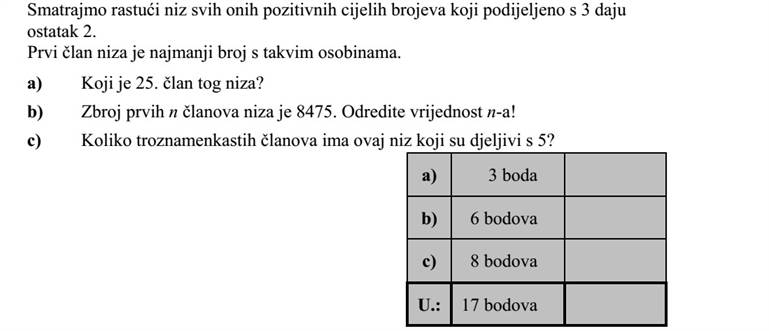 Tekintsük mindazoknak a pozitív egész számoknak a növekvő sorozatát, melyek 3-mal osztva 2 maradékot adnak. A sorozat első tagja a legkisebb ilyen tulajdonságú szám. a) Melyik ennek a sorozatnak a 25. tagja? b) A sorozat első n tagjának az összege 8475. Határozza meg n értékét! c) Hány háromjegyű, 5-tel osztható tagja van a sorozatnak?