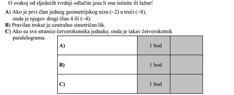 Döntse el az alábbi állítások mindegyikéről, hogy igaz vagy hamis! A) Ha egy mértani sorozat első tagja (-2) és harmadik tagja (-8), akkor második tagja 4 vagy (-4). B) A szabályos háromszög középpontosan szimmetrikus alakzat. C) Ha egy négyszög minden oldala egyenlő, akkor ez a négyszög paralelogramma.
