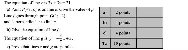Az e egyenes egyenlete: 3x + 7y = 21. a) A P(-7  p) pont illeszkedik az e egyenesre. Adja meg p értékét! Az f egyenes illeszkedik a Q(1  - 2) pontra, és merőleges az e egyenesre. b) Írja fel az f egyenes egyenletét! A g egyenes egyenlete: 5 7 3 += xy . c) Igazolja, hogy az e és g egyenesek párhuzamosak egymással!