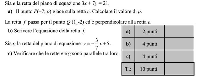 Az e egyenes egyenlete: 3x + 7y = 21. a) A P(-7  p) pont illeszkedik az e egyenesre. Adja meg p értékét! Az f egyenes illeszkedik a Q(1  - 2) pontra, és merőleges az e egyenesre. b) Írja fel az f egyenes egyenletét! A g egyenes egyenlete: 5 7 3 += xy . c) Igazolja, hogy az e és g egyenesek párhuzamosak egymással!