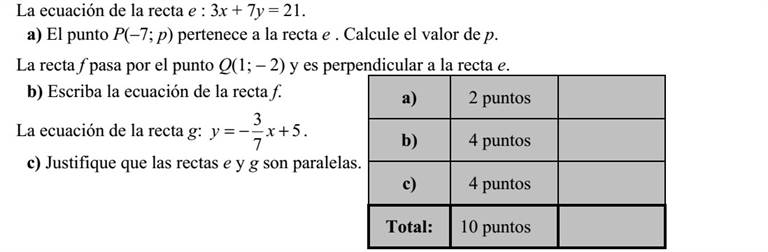 Az e egyenes egyenlete: 3x + 7y = 21. a) A P(-7  p) pont illeszkedik az e egyenesre. Adja meg p értékét! Az f egyenes illeszkedik a Q(1  - 2) pontra, és merőleges az e egyenesre. b) Írja fel az f egyenes egyenletét! A g egyenes egyenlete: 5 7 3 += xy . c) Igazolja, hogy az e és g egyenesek párhuzamosak egymással!