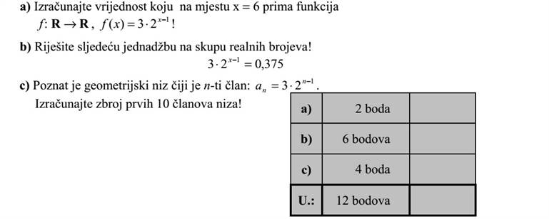 a) Számítsa ki az RR :f , 1 23)(  = x xf függvény x = 6 helyen felvett értékét! b) Oldja meg a következő egyenletet a valós számok halmazán! 375,023 1 = x c) Adott az a mértani sorozat, melynek n-edik tagja: 1 23  = n na . Számítsa ki a sorozat első 10 tagjának összegét!